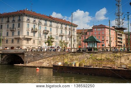 MILAN ITALY - JUNE 05: View of Darsena wet dock in Milan on June 05 2016