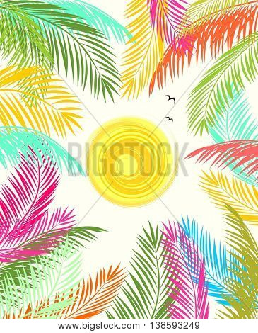Summery poster with colorful palm leaves and sun