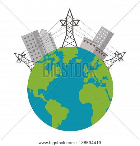 flat design earth globe with buildings and electricity towers icon vector illustration
