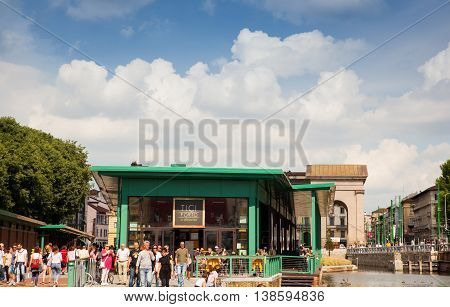 MILAN ITALY - JUNE 05: View of Darsena wet dock in Milan on June 05 2016
