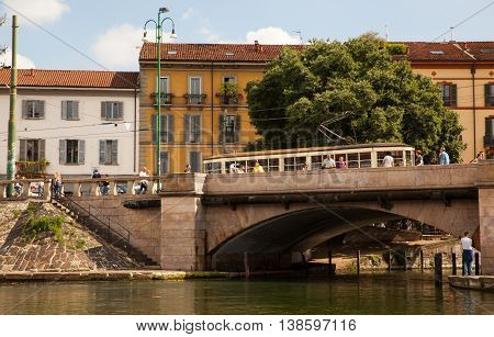MILAN ITALY - JUNE 05: View of Darsena wet dock in Milan on June 05 2016