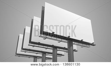 Many Blank White Billboards On Gray Background. 3D Rendered Illu