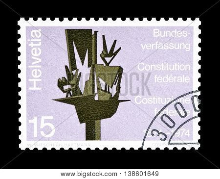 SWITZERLAND - CIRCA 1974 : Cancelled postage stamp printed by Switzerland, that shows sculpture by Werner Witschis.