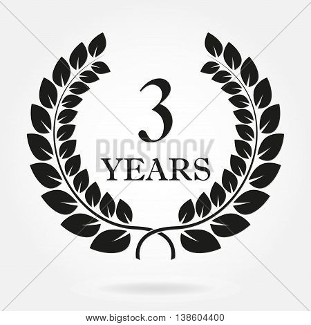 3rd years anniversary laurel wreath sign or emblem. Template for celebration and congratulation design. Vector third anniversary label isolated on white background.