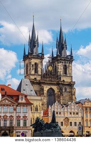 Church of Our Lady before Tyn has been the main church of Prague center since the 14th century. The Tyn church's towers in sunny day which is 80 meters high. Czech Republic.