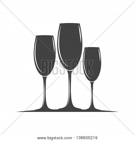 Three wine glasses. Black icon logo element flat vector illustration isolated on white background.