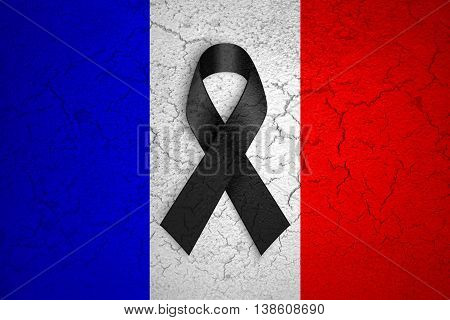 Pray For Paris, Nice, France, Grunge France Country Flag Color Background With Black Ribbon