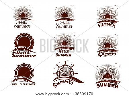 Sun and sea icons collection. Hello Summer. Set of summer holidays labels with sun sea waves dawn seagulls ship's helm and lettering. Vector icons isolated on white background