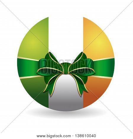 Bowl painted in the colors of the Irish flag tied with green ribbon with a bow. Realistic icon keychain with an Irish flag isolated on white background. Vector illustration