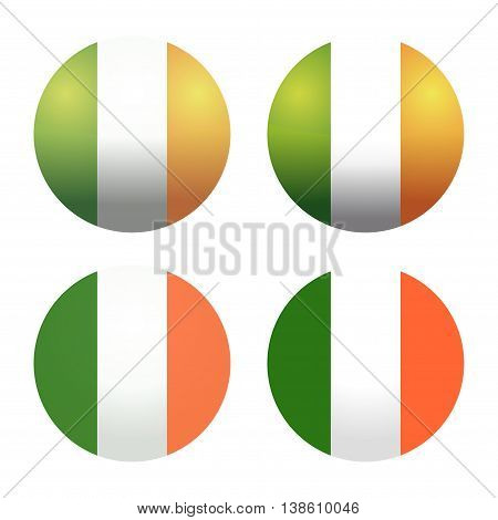 Set round Irish flags. Round Ireland flags. Ireland flag button. Flags of Ireland as round glossy icon. Buttons with Irish flag. Set of vector Irish flags isolated on white background.