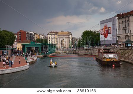 MILAN ITALY - JUNE 05: View of Darsena wet dock in Milan on June 05 2016