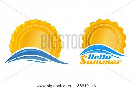 Sun over the sea wave. Set logo icon. Vector illustration isolated on white background