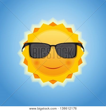 Cute cheerful smiling sun on blue sky background. Happy cartoon sun in sunglasses. Vector flat illustration