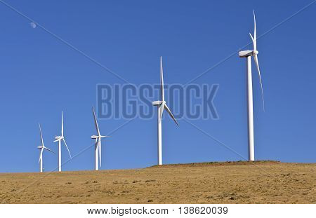 Wind eneregy generated by large blades spinning on a hill in Oregon.