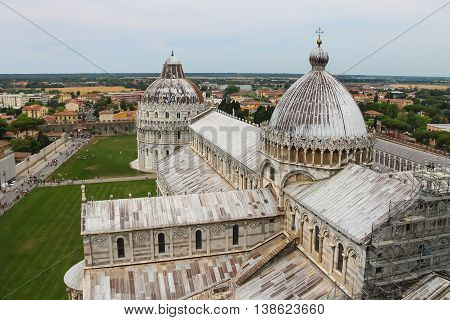Pisa Italy - June 29 2015: View from Leaning Tower to Cathedral and Baptisery of St. John
