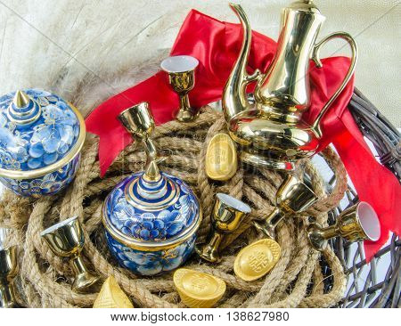Benjarong Gold ingot Red ribbon bow Gold Chinese Gift sets
