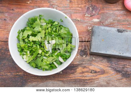 chopped green onion and coriander ingredient for cooking Thai cuisine