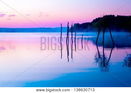 Beautiful Landscape With A Lake And Mountains In The Background And Trees In The Water. Blue And Pur