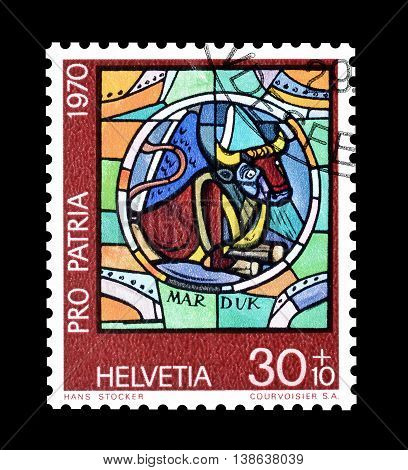 SWITZERLAND - CIRCA 1970 : Cancelled postage stamp printed by Switzerland, that shows Bull by Hans Stocker.