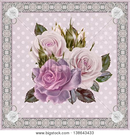 Vintage postcard. Old style. Bouquet pink roses on a pastel background invitation card. Lace openwork weaving delicate frame.