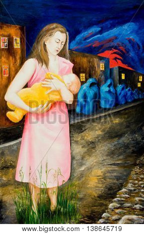 An allegory of the troubles and dangers. The mother was holding a sleeping child. Oil painting.