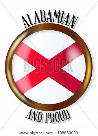 Alabama state flag button with a gold metal circular border over a white background with the text Alabamian and Proud