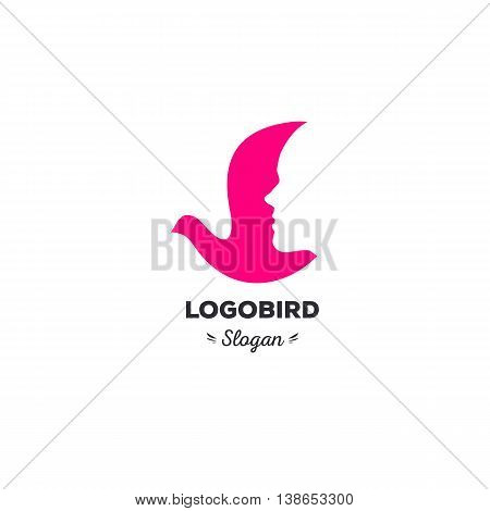 Fun, beauty, isolated, cartoon, geek dove, vector shape, stylish, minimalistic, flat, elegant, silhouette stylized logotype, pink color logo template Dove bird wings face tail duck wings tail