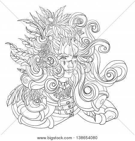 happy girl wearing a shaman costume with feathers and foliage