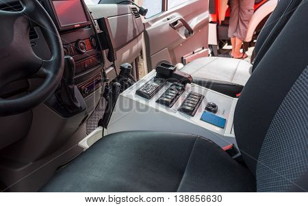 Cockpit interior view in a ambulance vehicle