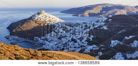 Astypalea island over sunset, top view of Chora , Greece