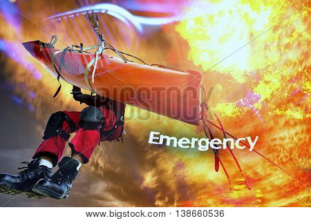 Concept  emergency  fireman in action rescue .