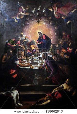 LUCCA, ITALY - JUNE 06, 2015: Altarpiece depicting the Last Supper by Tintoretto in Cathedral of St.Martin in Lucca, Italy, on June 06, 2015