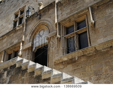 stone staircase in the courtyard of an ancient castle in Rhodes