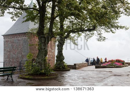 MONT SAINTE-ODILE FRANCE - SEPTEMBER 08 2010: The observation deck in the Mont Sainte-Odile abbey in a cloudy day. Alsace France. The Abbey is situated on the top of Sainte-Odile mountain in the Vosges mountain range.