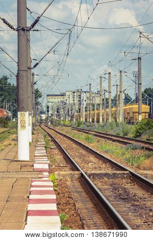 Railway station. Electrified railway track with railway signals