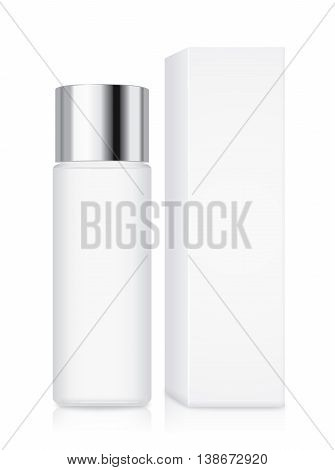 Cosmetic bottle with silver cap and white box in one set isolated on white background. Ideal for facial cleansing packaging and product mock up or other.