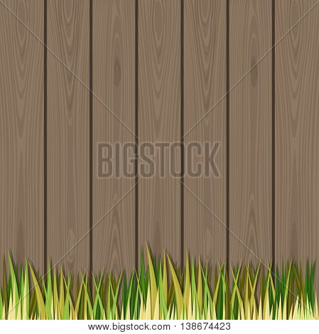 Grass on a background of old dark wooden fence. Vector illustration