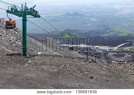 MOUNT ETNA ITALY - MAY 23: Cable car tot the top of Mount Etna on May 23 2016 at the island Sicily Italy