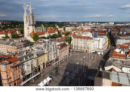 ZAGREB, CROATIA - APRIL 26th, 2016: View from above of Ban Jelacic Square in Zagreb, Croatia