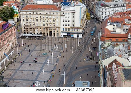 ZAGREB, CROATIA - APRIL 26th, 2016: View from above of Ban Jelacic Square in Zagreb, Croatia