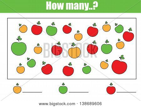Counting educational children game, kids activity sheet. How many objects task. Learning mathematics, numbers, addition theme