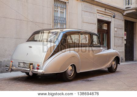 COMO, ITALY - JUNE, 12:  View of ancient Vanden Plas Princess limousine parked in the street on June 12, 2016