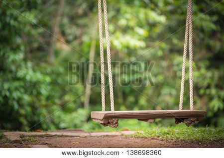 Close focus on swing wooden seat hanging by rope tied under tree which floating above brown soil floor. The background is blurry green trees with yellow warm light.