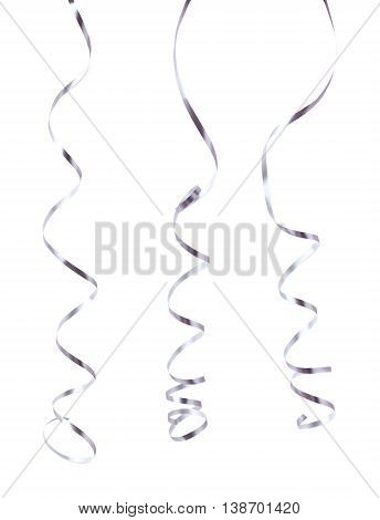 Curly and glossy ribbon isolated over the white background, set collection of three diffirent foreshortenings