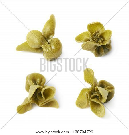 Single sacchettoni stuffed sacchetti pasta isolated over the white background, set of four different foreshortenings