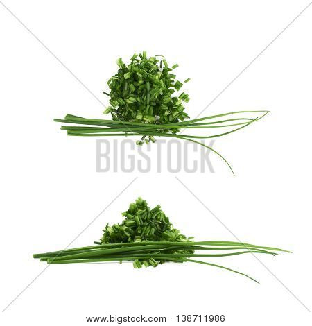 Pile of chopped green onion scallions isolated over the white background, set of two different foreshortenings