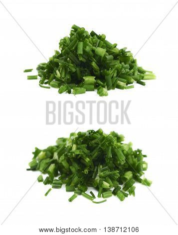 Pile of chopped green onion scallions isolated over the white background, set of two different foreshortenings