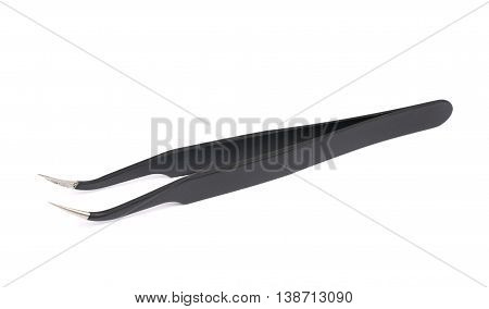 Black metal anti-static tweezers tool isolated over the white background