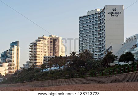 DURBAN SOUTH AFRICA - July 11 2016: Hotels and apartment buildings along the promenade at the Umhlanga Rocks beachfront