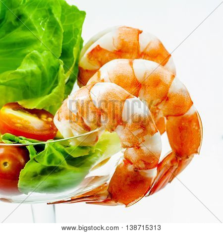 Fresh Steamed  Prawns With Vegetable Salad Isolate On White Background. Boiled , Shrimp With Mixed G